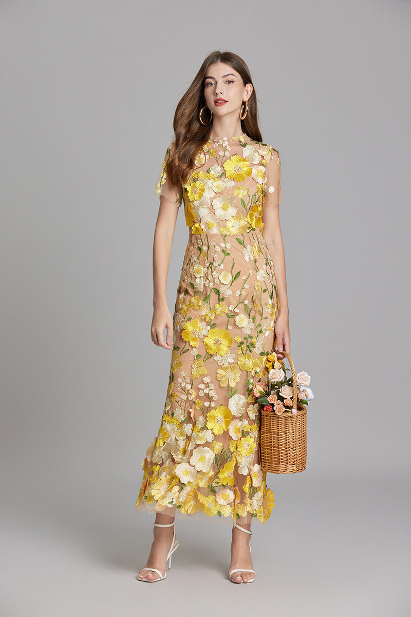 Women's Sheer Maxi Dress with Floral Embroidery - Romantic Summer Styl
