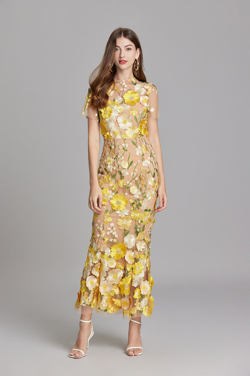 Women's Sheer Maxi Dress with Floral Embroidery - Romantic Summer Styl