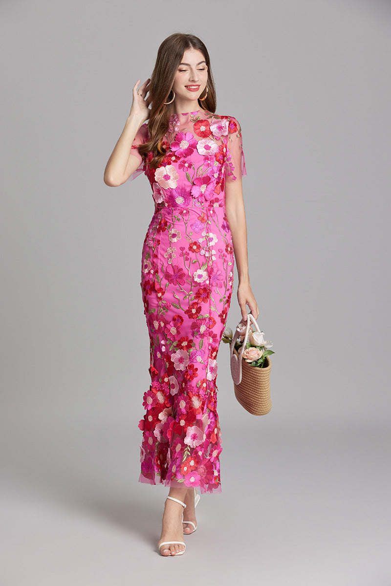 Women's Sheer Maxi Dress with Floral Embroidery - Romantic Summer Styl