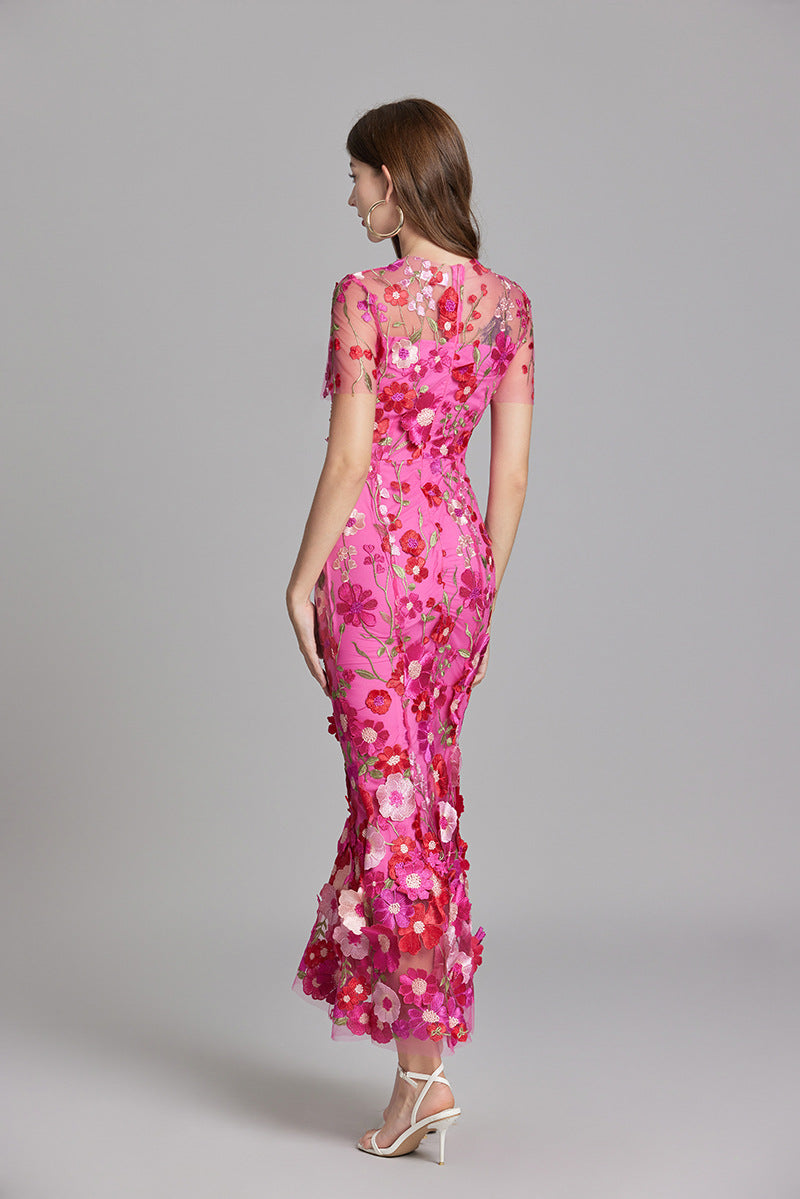 Women's Sheer Maxi Dress with Floral Embroidery - Romantic Summer Styl