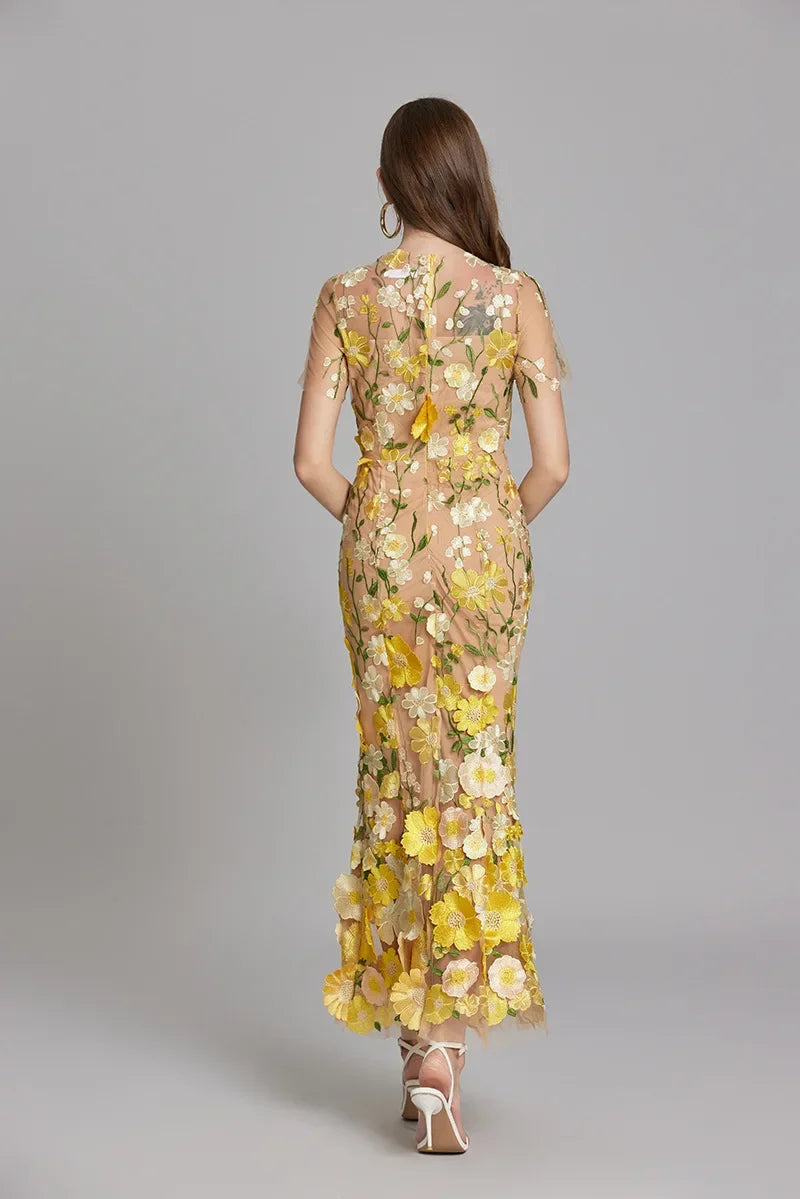 Women's Sheer Maxi Dress with Floral Embroidery - Romantic Summer Styl