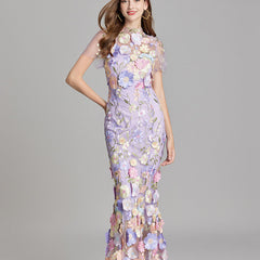 Women's Sheer Maxi Dress with Floral Embroidery - Romantic Summer Styl