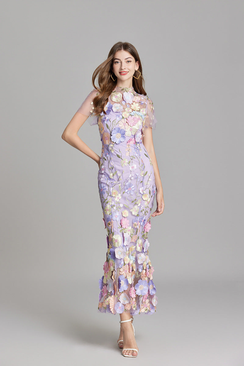 Women's Sheer Maxi Dress with Floral Embroidery - Romantic Summer Styl
