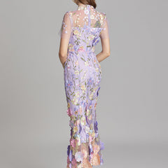 Women's Sheer Maxi Dress with Floral Embroidery - Romantic Summer Styl