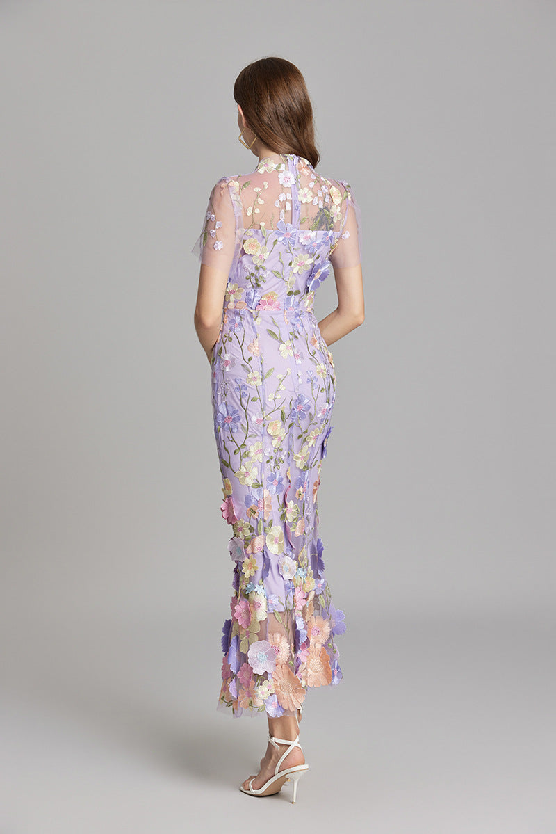Women's Sheer Maxi Dress with Floral Embroidery - Romantic Summer Styl