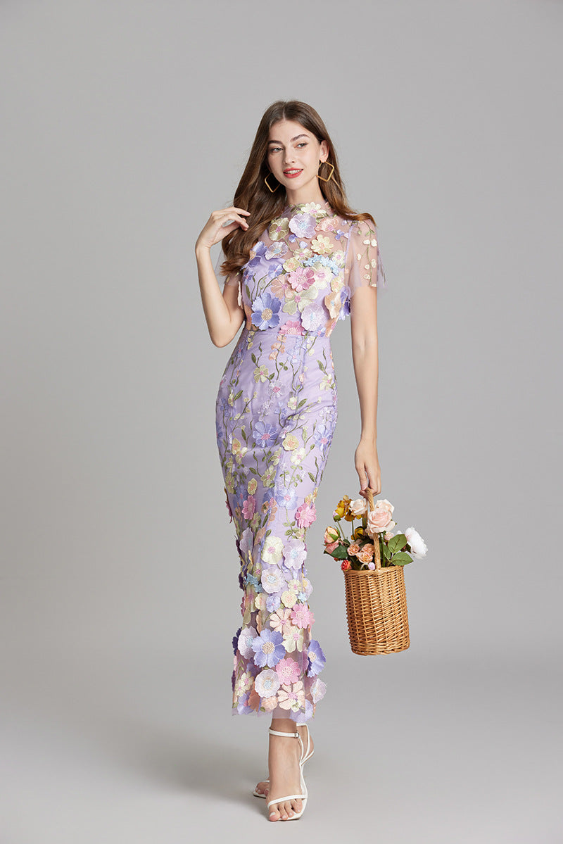 Women's Sheer Maxi Dress with Floral Embroidery - Romantic Summer Styl