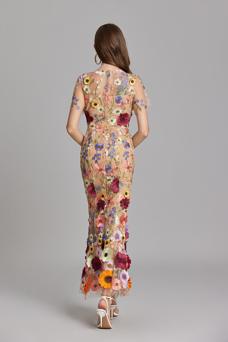 Women's Sheer Maxi Dress with Floral Embroidery - Romantic Summer Styl