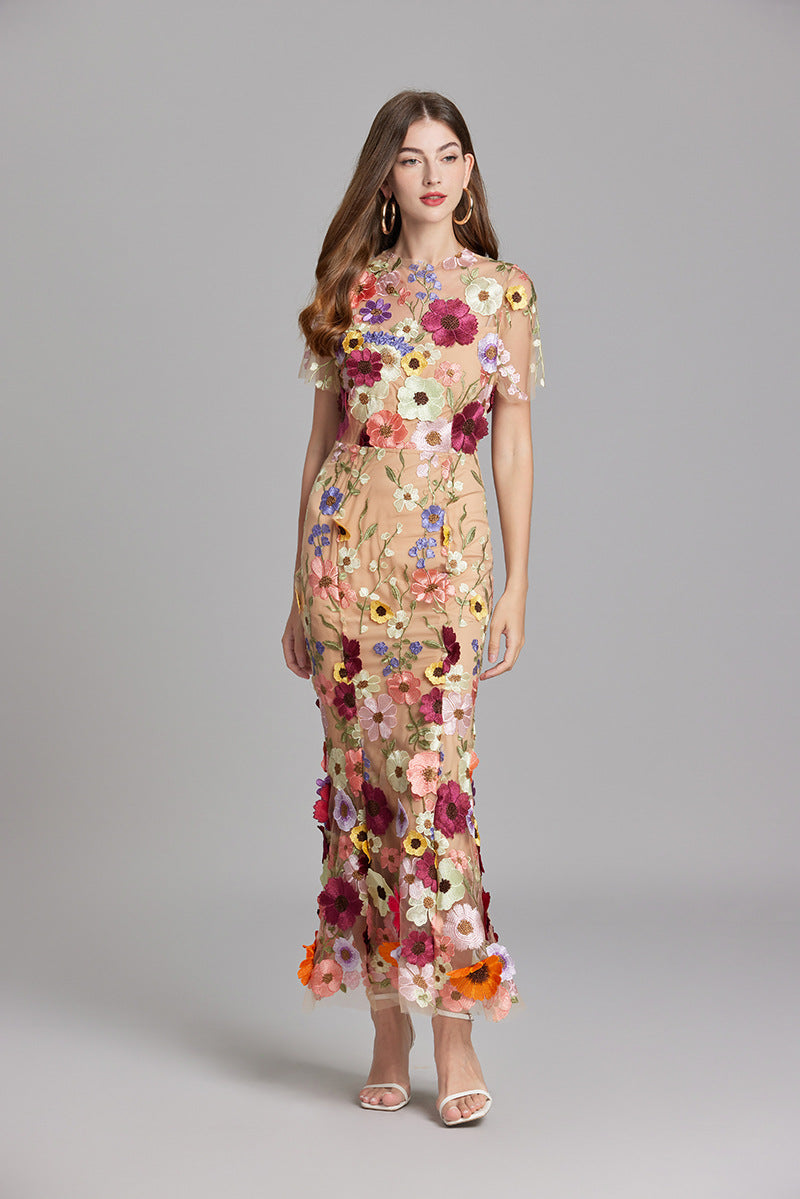 Women's Sheer Maxi Dress with Floral Embroidery - Romantic Summer Styl