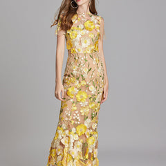 Women's Sheer Maxi Dress with Floral Embroidery - Romantic Summer Styl