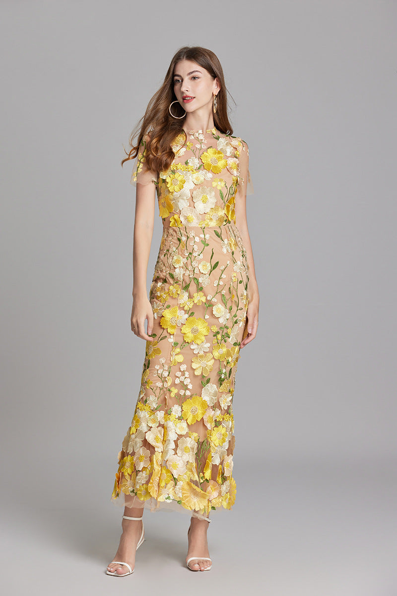 Women's Sheer Maxi Dress with Floral Embroidery - Romantic Summer Styl