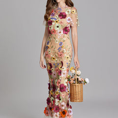 Women's Sheer Maxi Dress with Floral Embroidery - Romantic Summer Styl