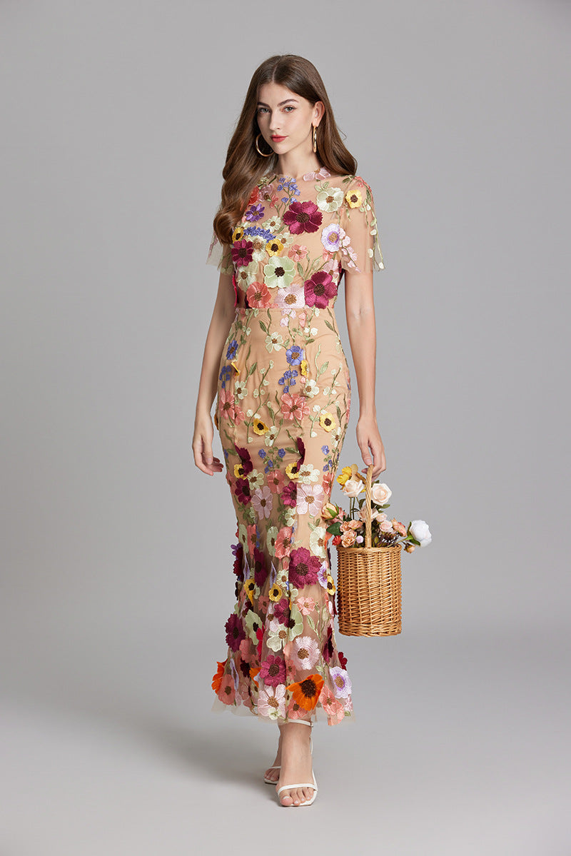 Women's Sheer Maxi Dress with Floral Embroidery - Romantic Summer Styl