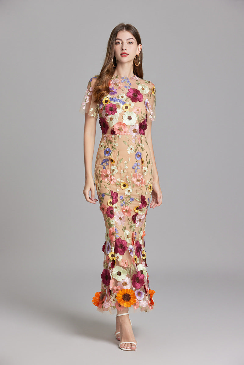 Women's Sheer Maxi Dress with Floral Embroidery - Romantic Summer Styl