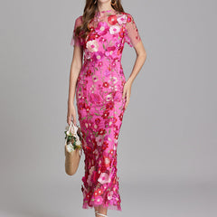 Women's Sheer Maxi Dress with Floral Embroidery - Romantic Summer Styl