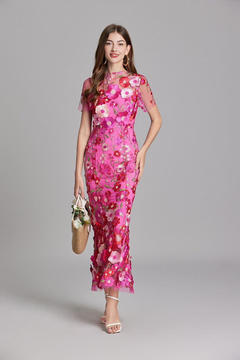 Women's Sheer Maxi Dress with Floral Embroidery - Romantic Summer Styl