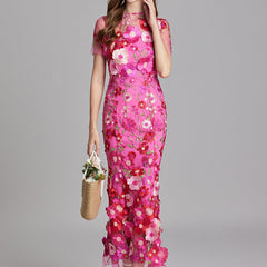 Women's Sheer Maxi Dress with Floral Embroidery - Romantic Summer Styl
