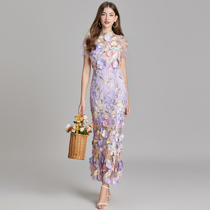 Women's Sheer Maxi Dress with Floral Embroidery - Romantic Summer Styl - Purple
