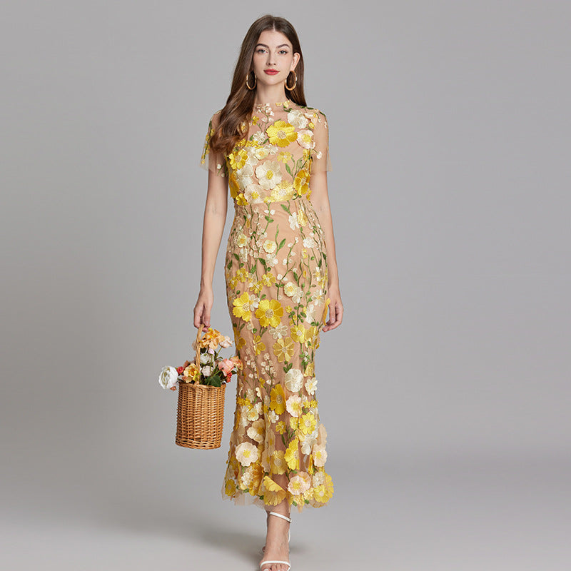 Women's Sheer Maxi Dress with Floral Embroidery - Romantic Summer Styl - Yellow