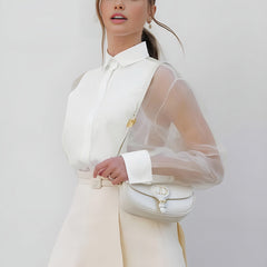 Women's Sheer Sleeve Blouse | Collared | White | Summer