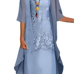 Women's Sheer Sleeve Midi Dress - Wedding Guest Flowing | Spring - Blue