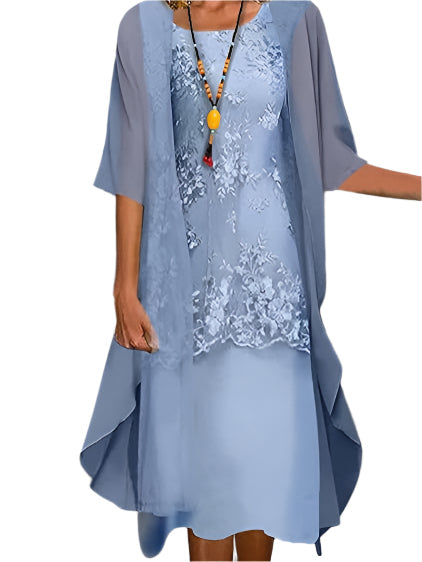 Women's Sheer Sleeve Midi Dress - Wedding Guest Flowing | Spring - Blue