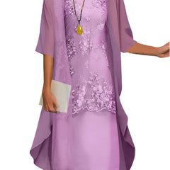 Women's Sheer Sleeve Midi Dress - Wedding Guest Flowing | Spring - Purple