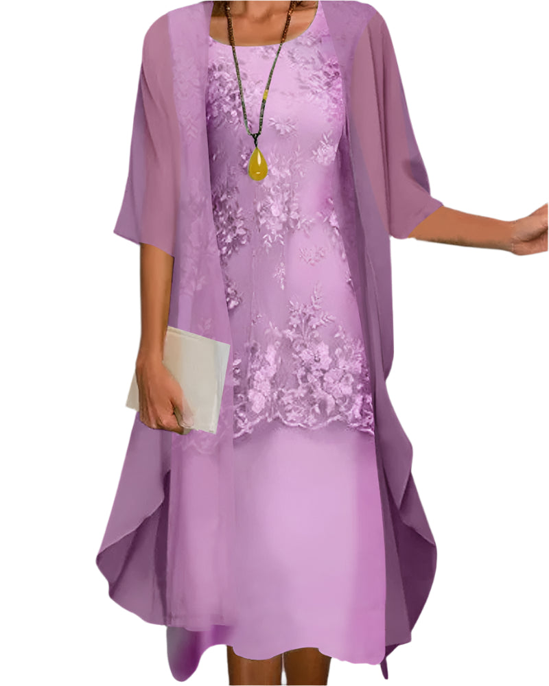Women's Sheer Sleeve Midi Dress - Wedding Guest Flowing | Spring - Purple