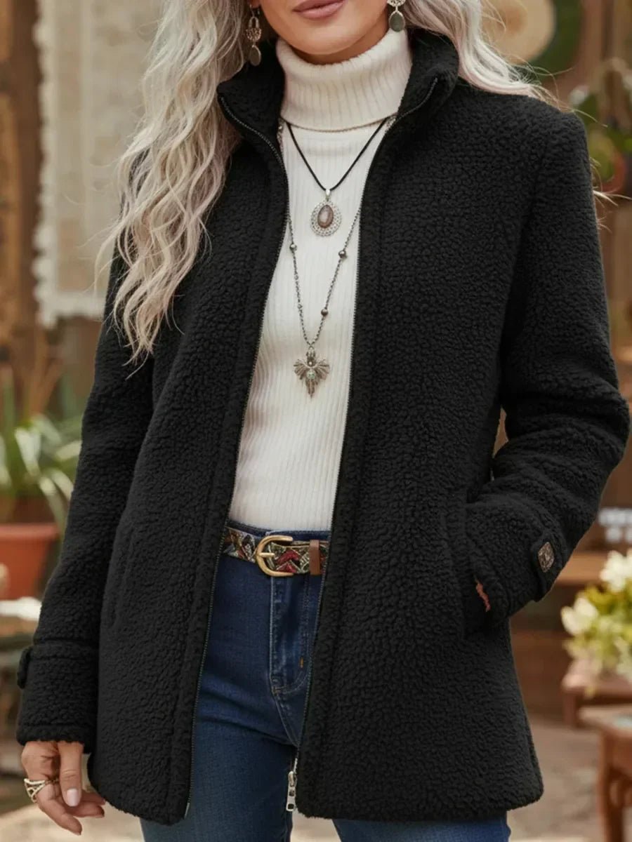Women's Sherpa Fleece Zip-Up Teddy Coat Stand Collar | Autumn - Black