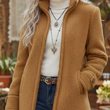 Women's Sherpa Fleece Zip-Up Teddy Coat Stand Collar | Autumn - Camel