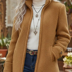 Women's Sherpa Fleece Zip-Up Teddy Coat Stand Collar | Autumn - Camel