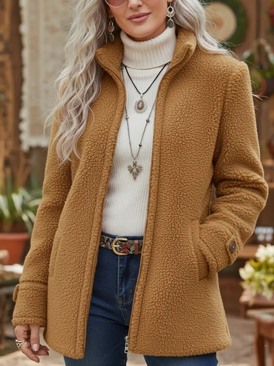 Women's Sherpa Fleece Zip-Up Teddy Coat Stand Collar | Autumn - Camel