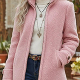 Women's Sherpa Fleece Zip-Up Teddy Coat Stand Collar | Autumn - Pink