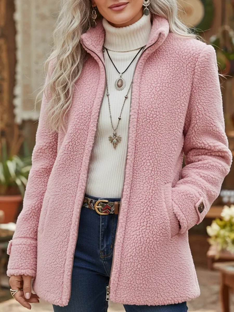 Women's Sherpa Fleece Zip-Up Teddy Coat Stand Collar | Autumn - Pink