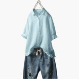 Women's Shirt-Collar Blouse | Button-Front | Ruffle Hem | Summer - Blue