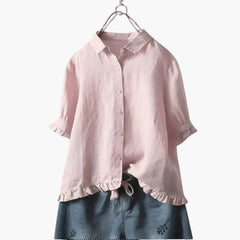 Women's Shirt-Collar Blouse | Button-Front | Ruffle Hem | Summer - Pink