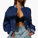 Women's Short Bomber | Striped Trim | Snap Closure | Autumn - Blue