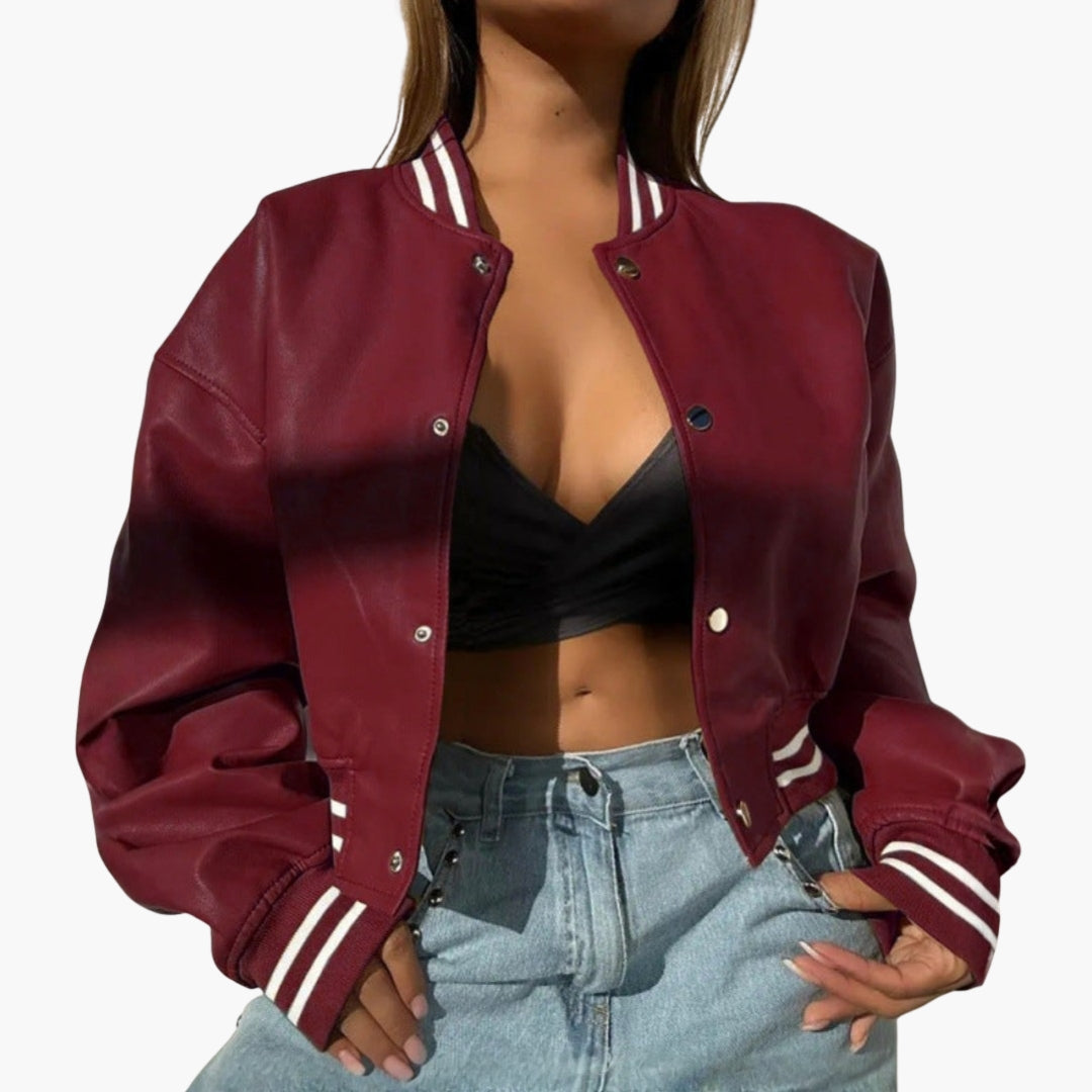 Women's Short Bomber | Striped Trim | Snap Closure | Autumn - Burgundy
