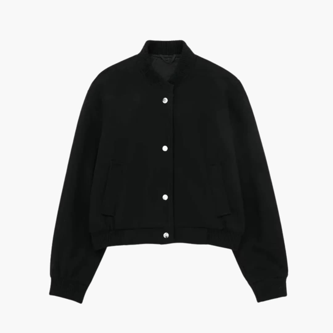 Women's Short Bomber | Zip Front | Ribbed Hem | Autumn - Black