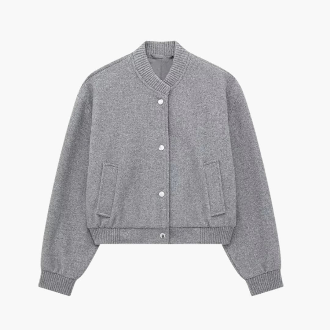 Women's Short Bomber | Zip Front | Ribbed Hem | Autumn - Gray