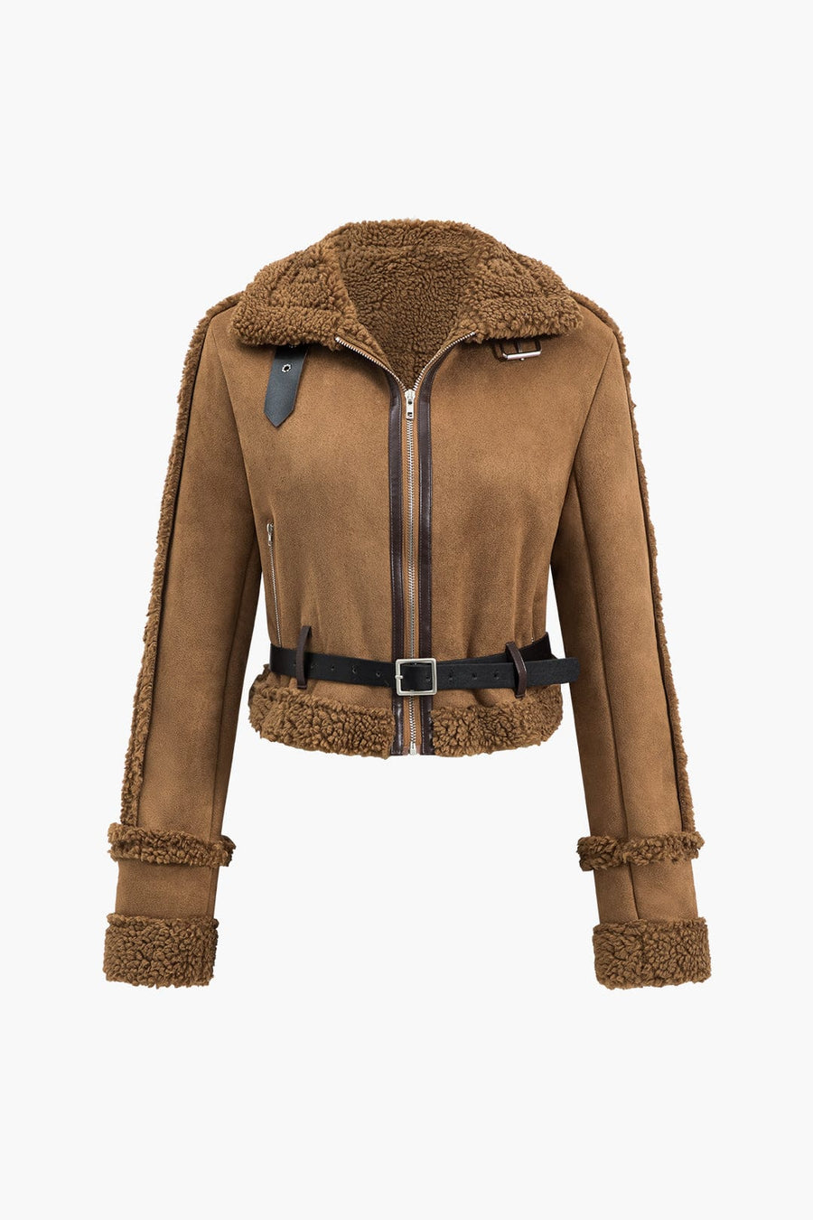 Women's Short Suede Jacket with Teddy Lining - Brown | Winter - Brown