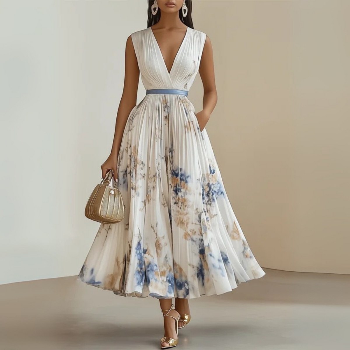 Women's Sleeveless Flowing Maxi Dress - Summer Elegance - Beige