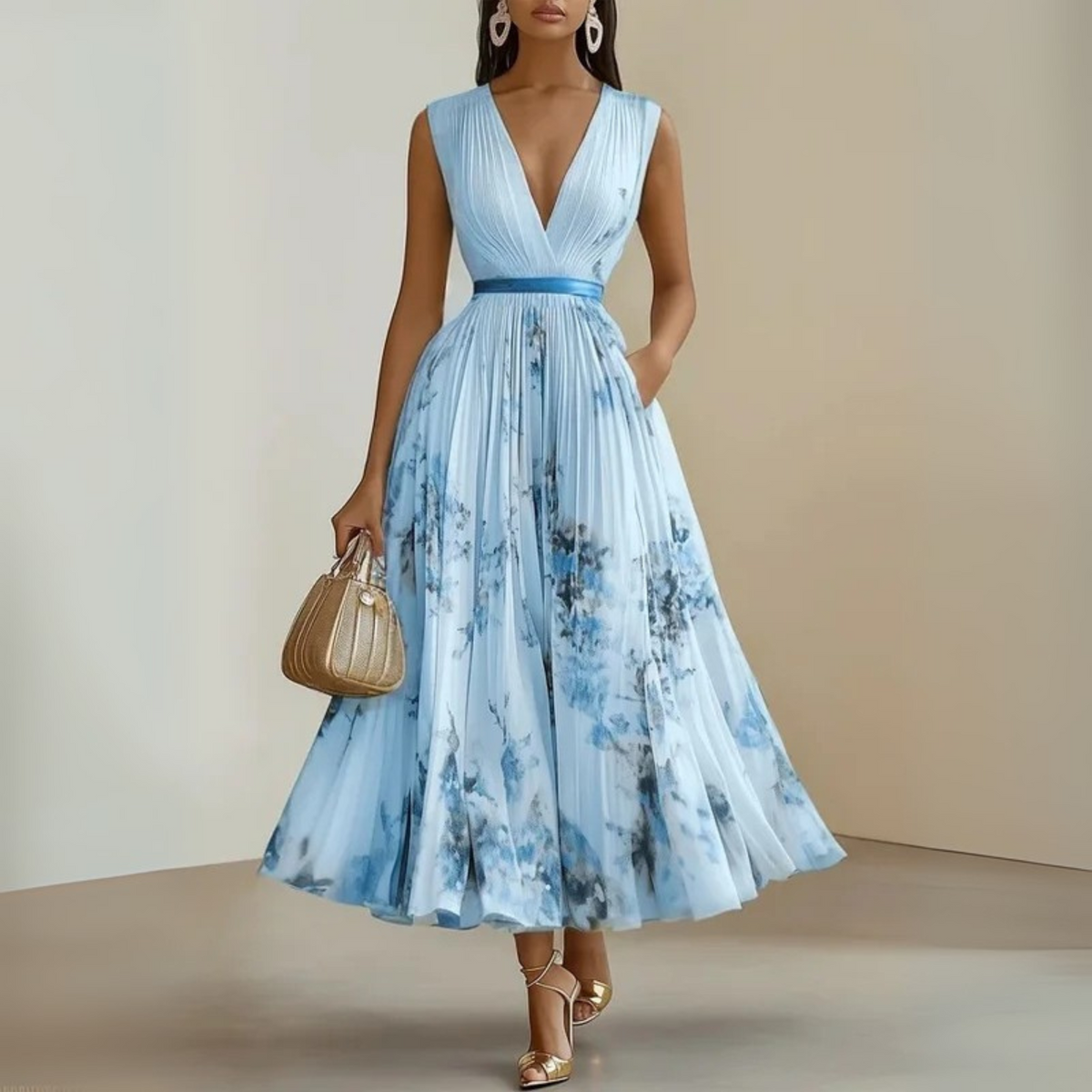 Women's Sleeveless Flowing Maxi Dress - Summer Elegance - Blue