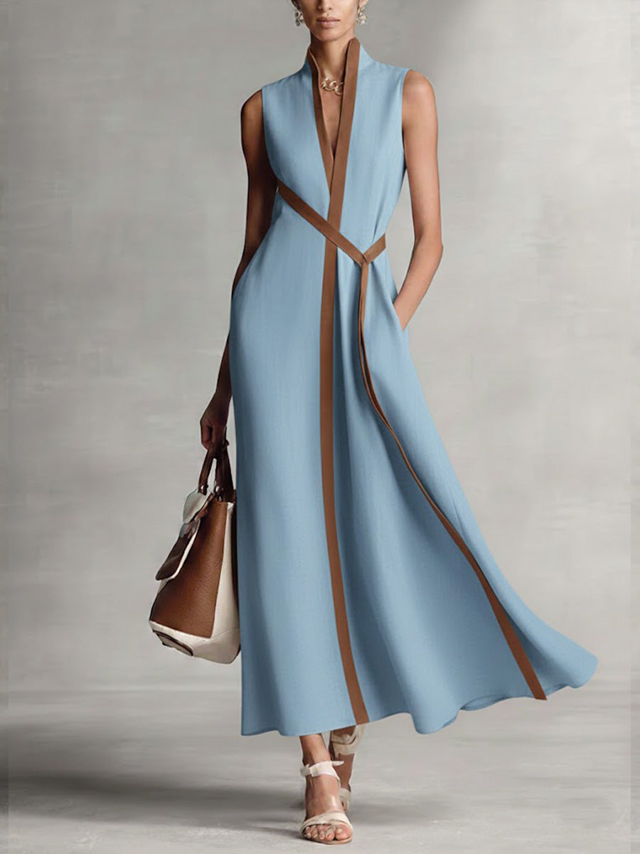 Women's Sleeveless Maxi Dress - Elegant Collared Design | Spring - Blue