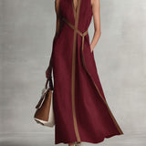 Women's Sleeveless Maxi Dress - Elegant Collared Design | Spring - Burgundy