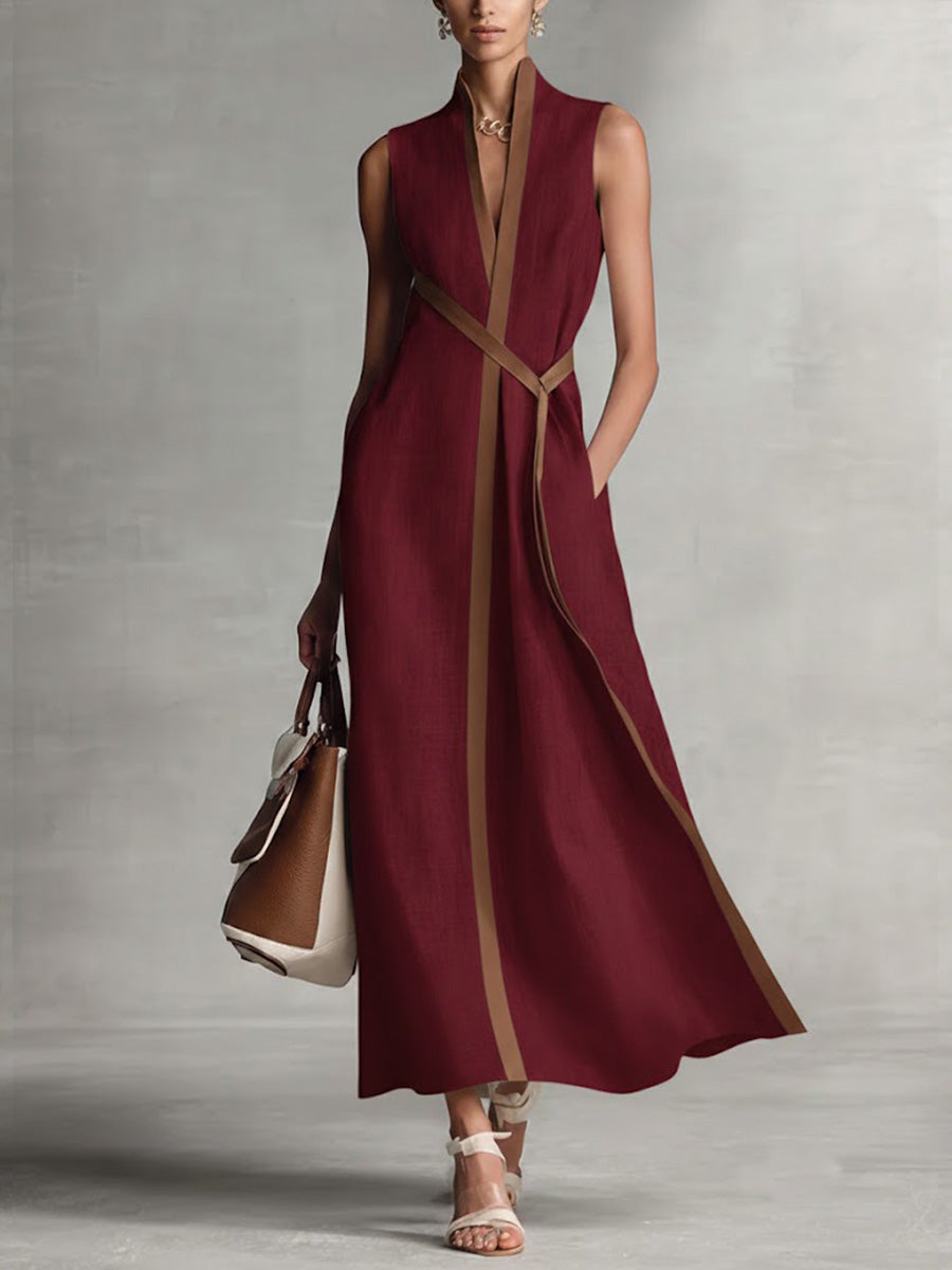 Women's Sleeveless Maxi Dress - Elegant Collared Design | Spring - Burgundy