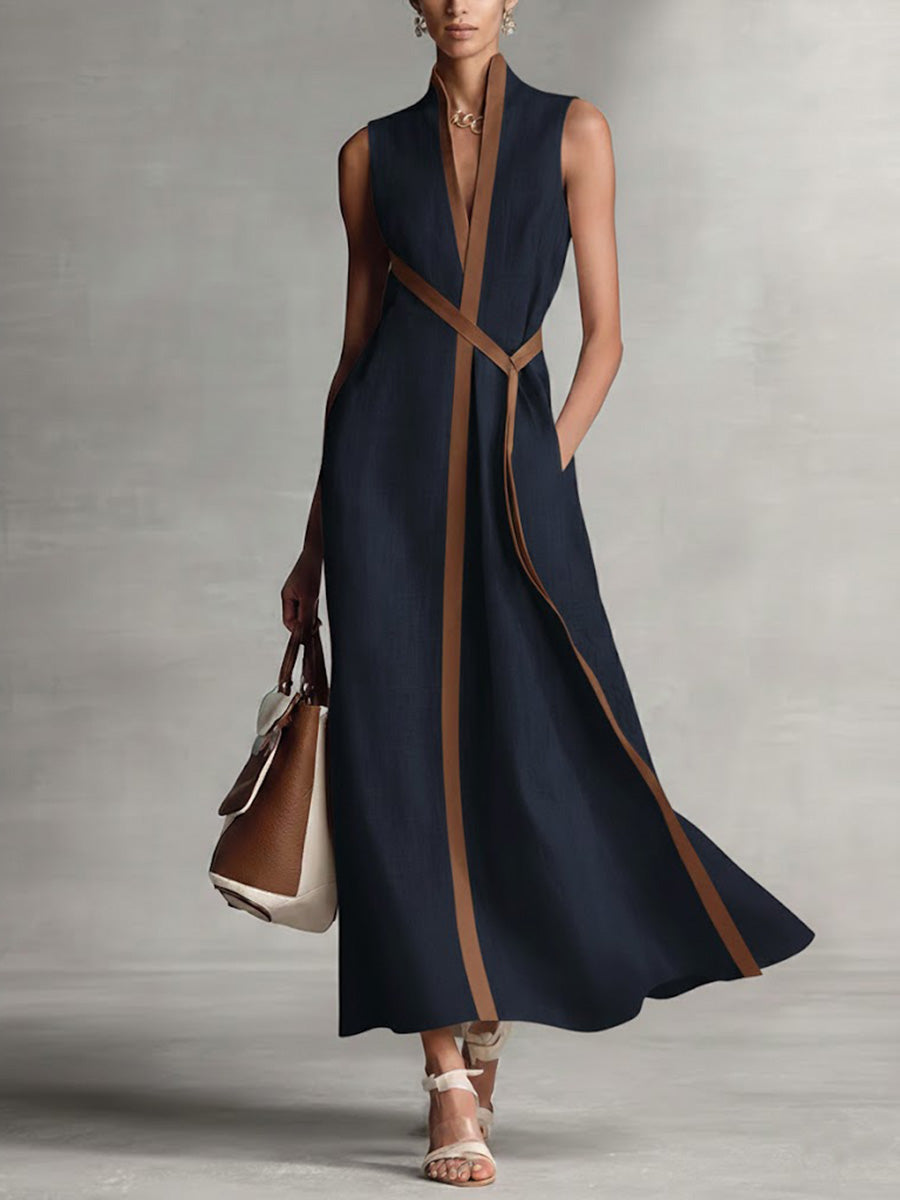 Women's Sleeveless Maxi Dress - Elegant Collared Design | Spring - Navy
