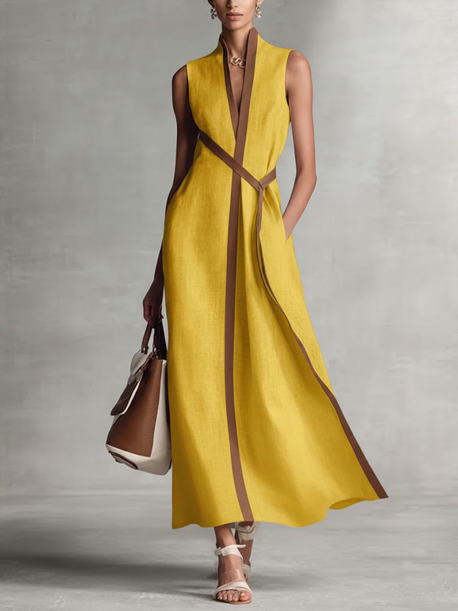 Women's Sleeveless Maxi Dress - Elegant Collared Design | Spring - Yellow