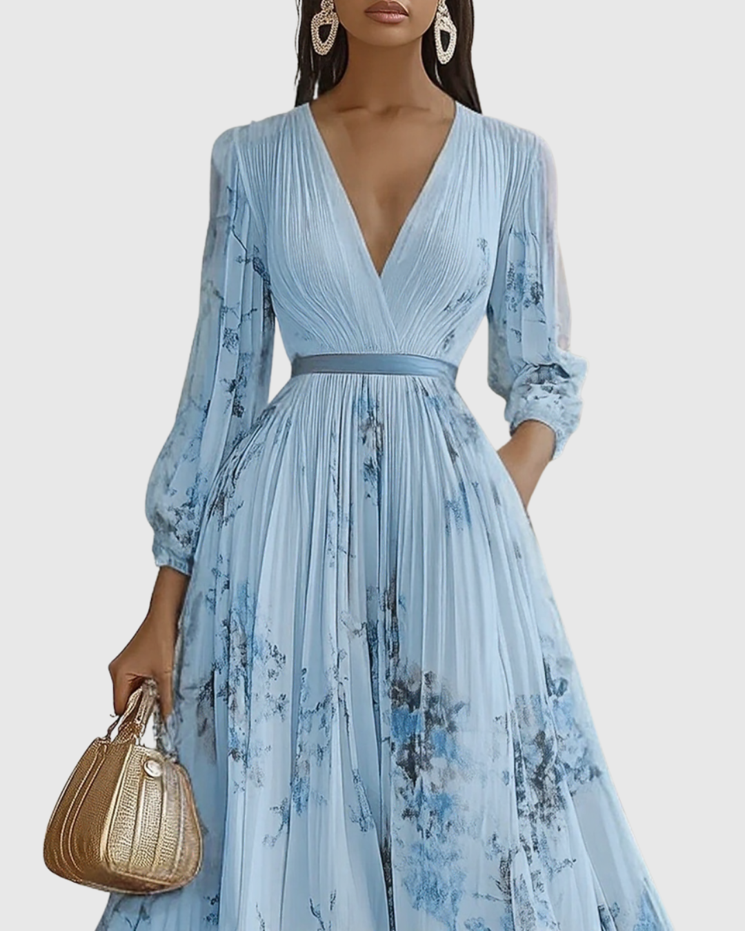 Women's Sleeveless Pleated Floral Midi Dress - Elegant Summer Style - Blue