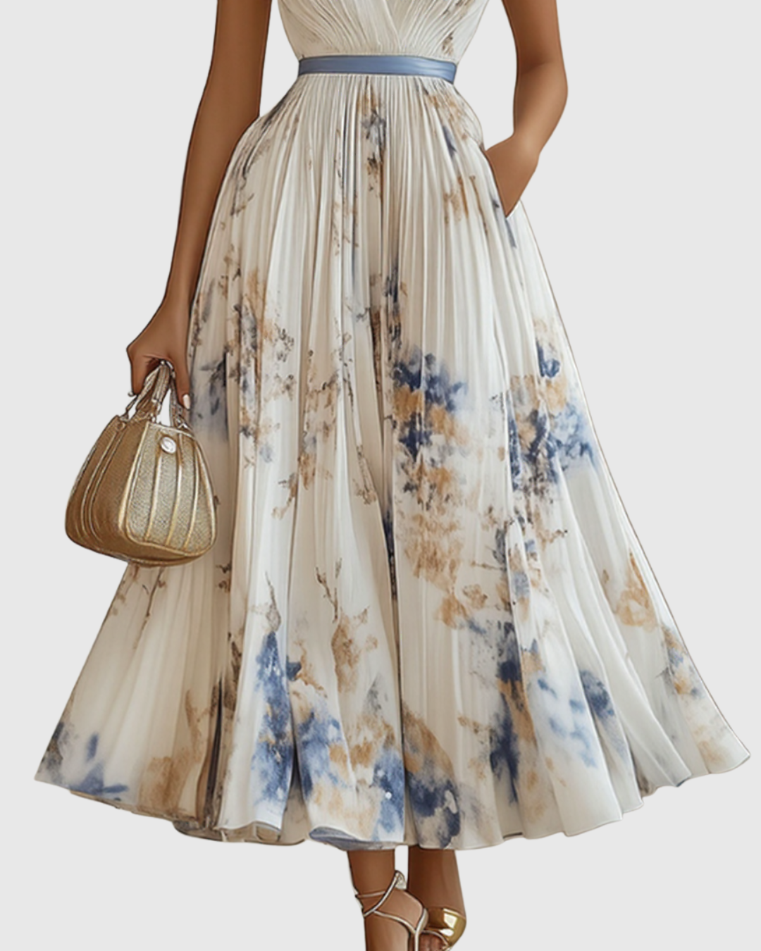 Women's Sleeveless Pleated Floral Midi Dress - Elegant Summer Style