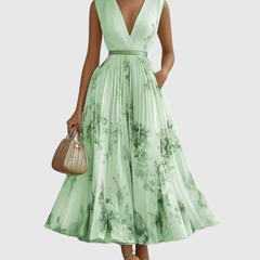 Women's Sleeveless Pleated Floral Midi Dress - Elegant Summer Style - Green